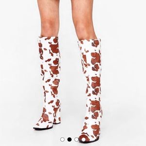 Nasty gal Cow Print Knee High Heeled Boots
